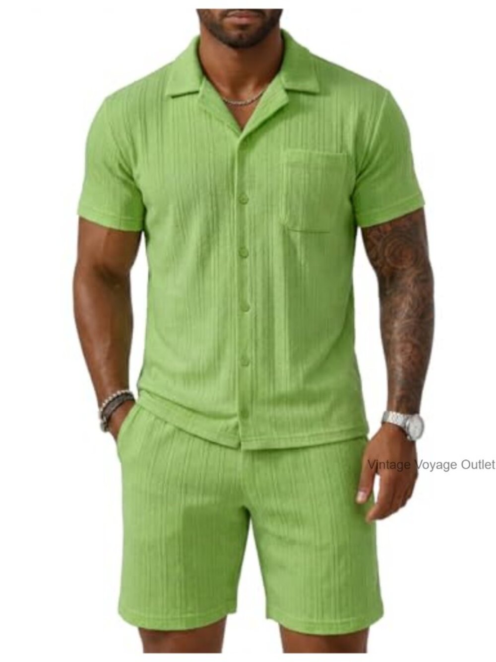 Men's 2 Piece Jacquard Knit Tracksuit Set Short Sleeve Shirt & Shorts